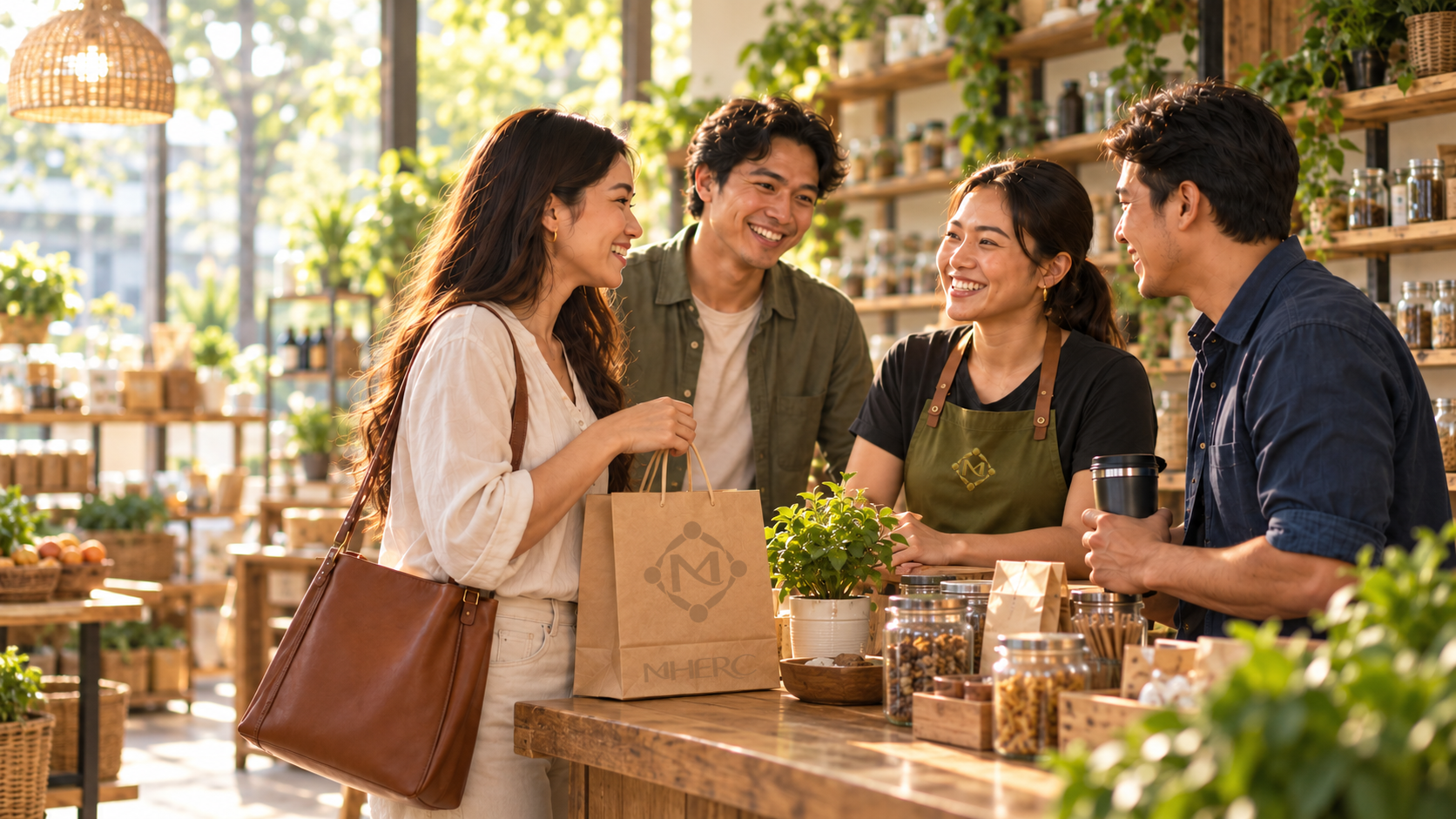 A customer sharing a rewards card with a welcoming merchant.