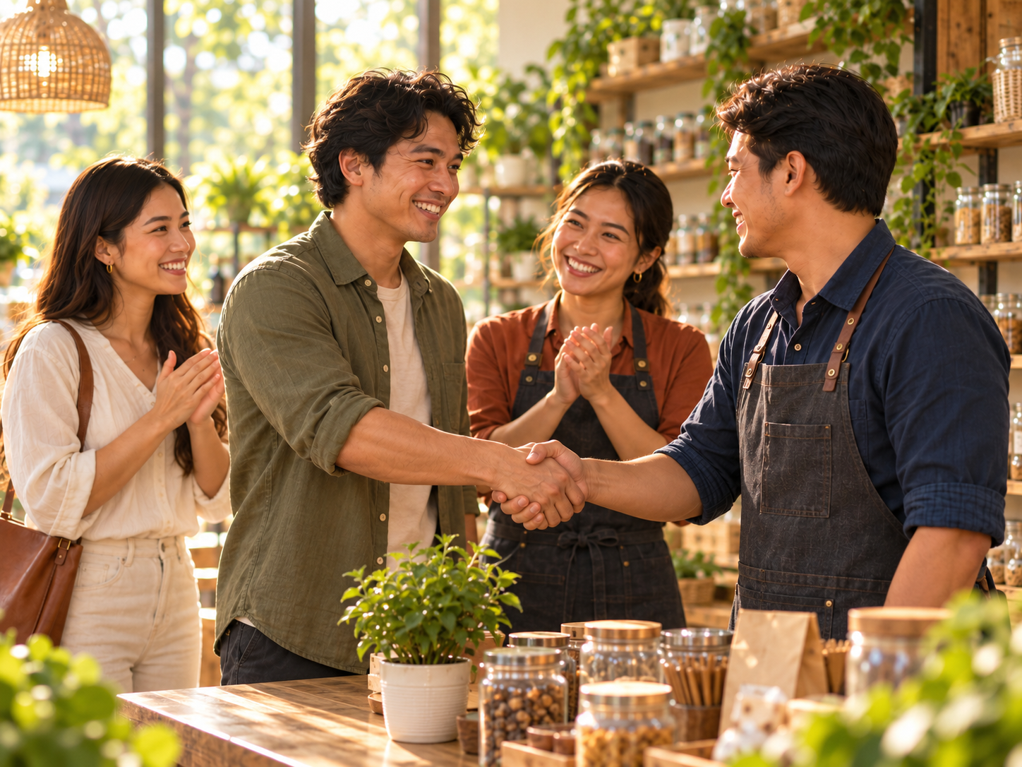 Two men shaking hands as two women applaud their agreement.