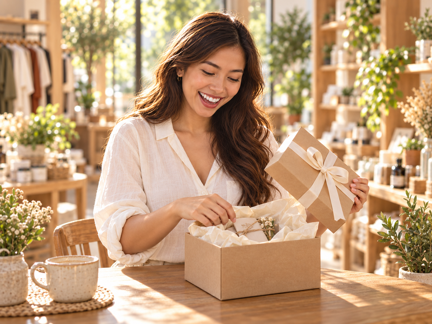 A delighted member opening a gift box.