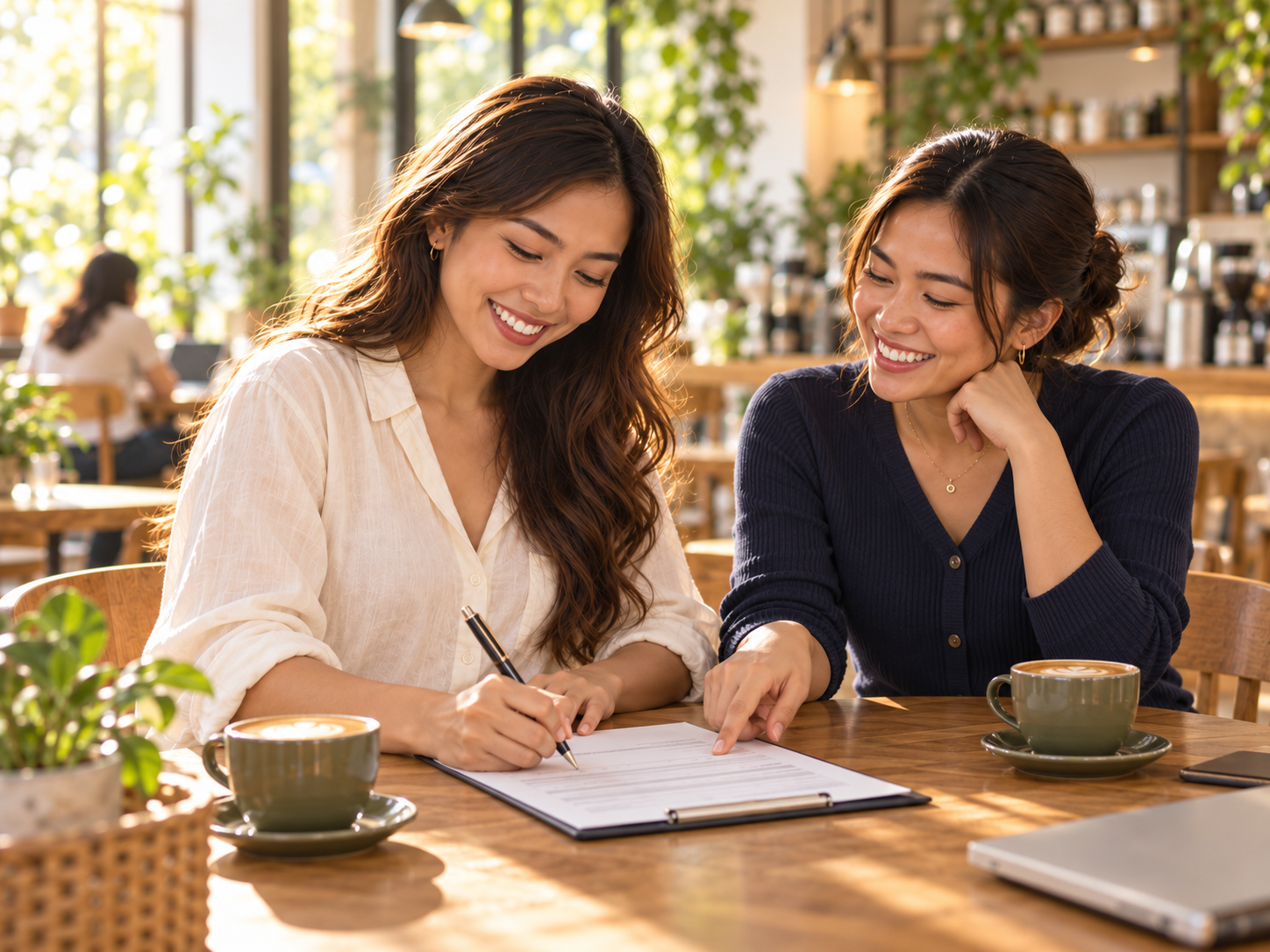 Two women at a coffee table, one signing a membership form while the other guides her.