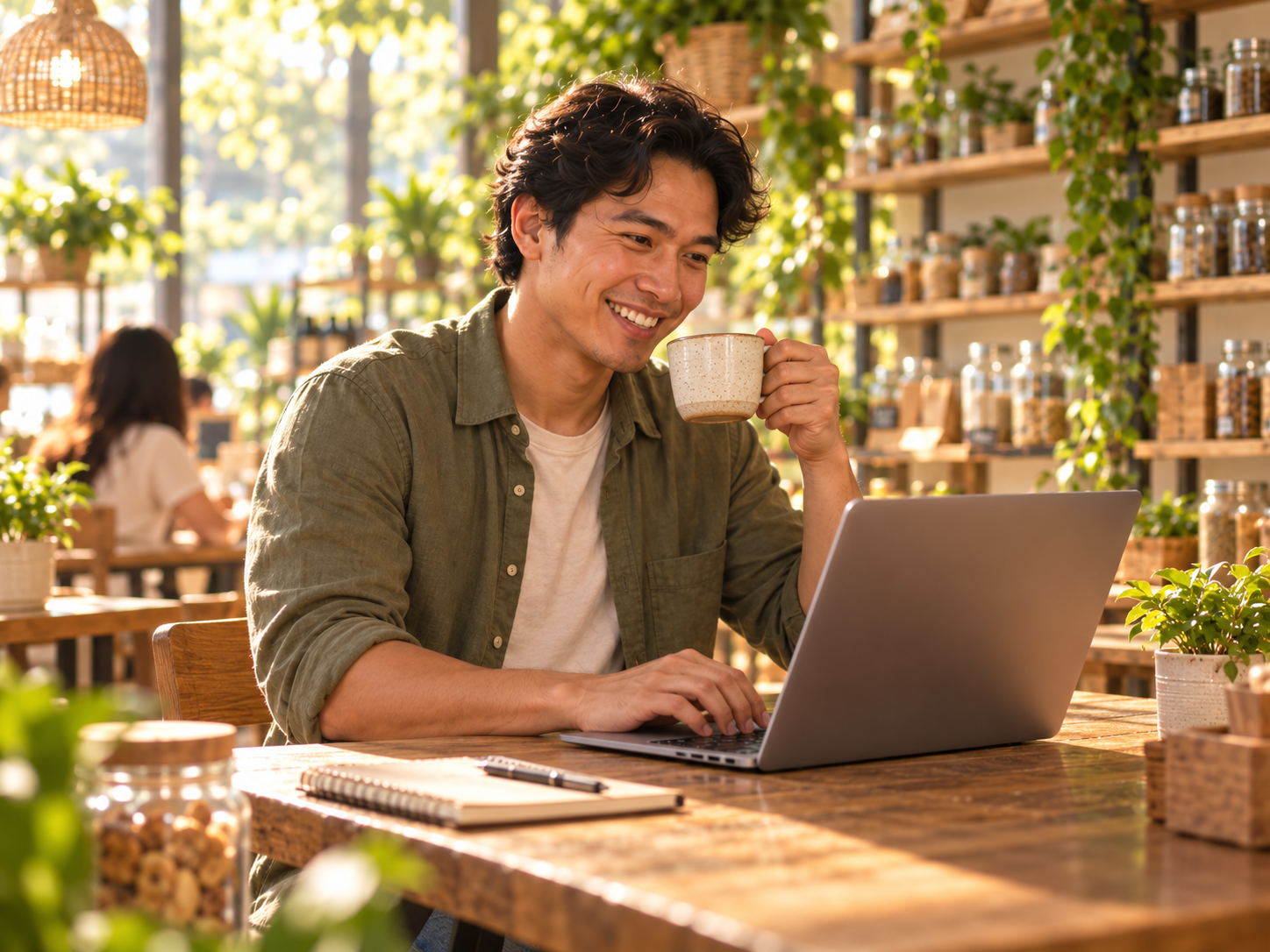 A man completing an online form on his laptop while enjoying coffee.