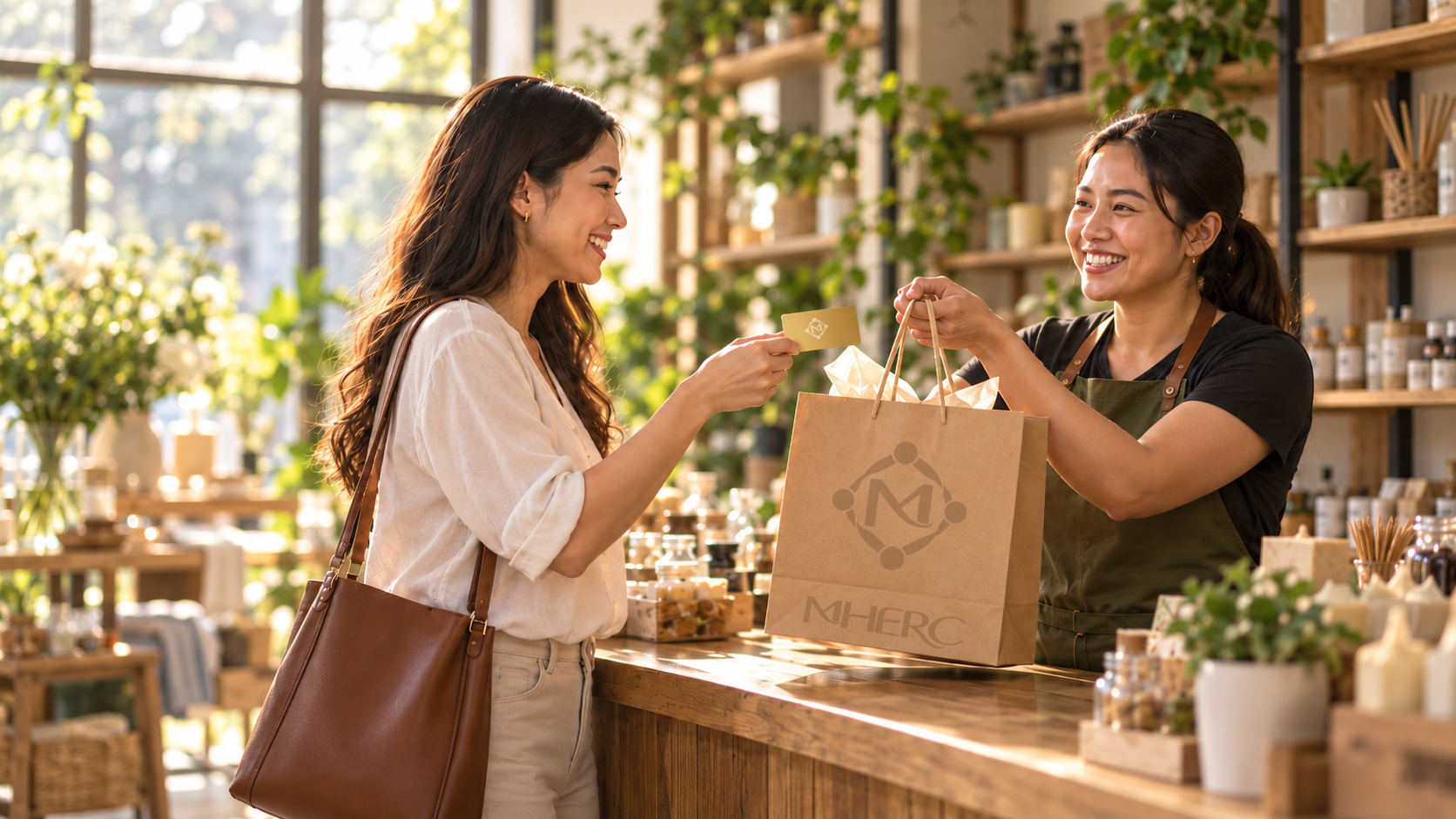 A customer sharing a rewards card with a welcoming merchant.