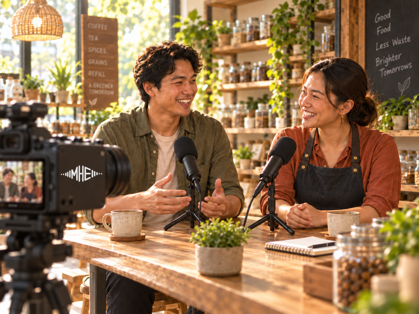 Two guests chatting into microphones while an MHE-branded camera records them.