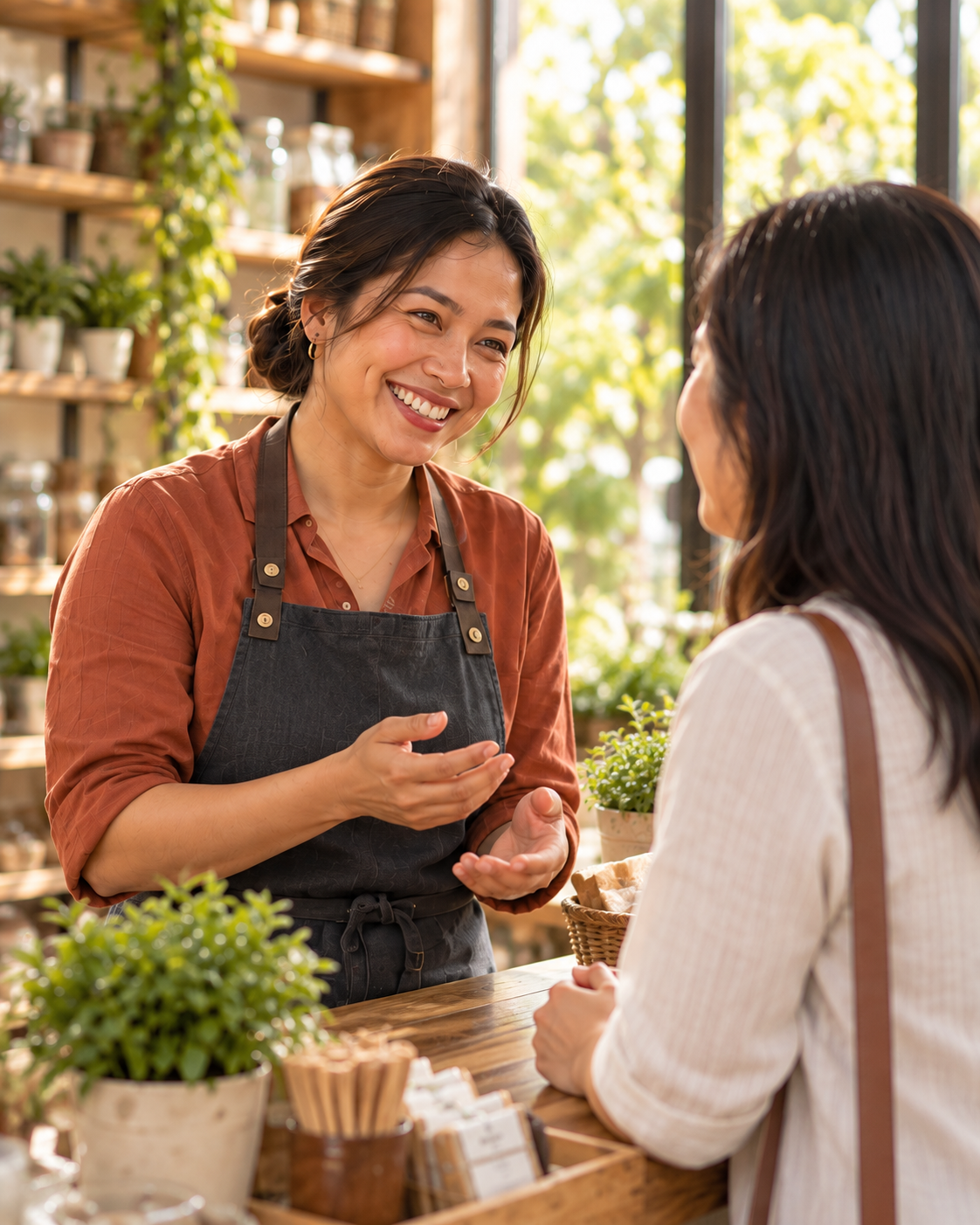 A merchant welcoming customers at a busy shop.