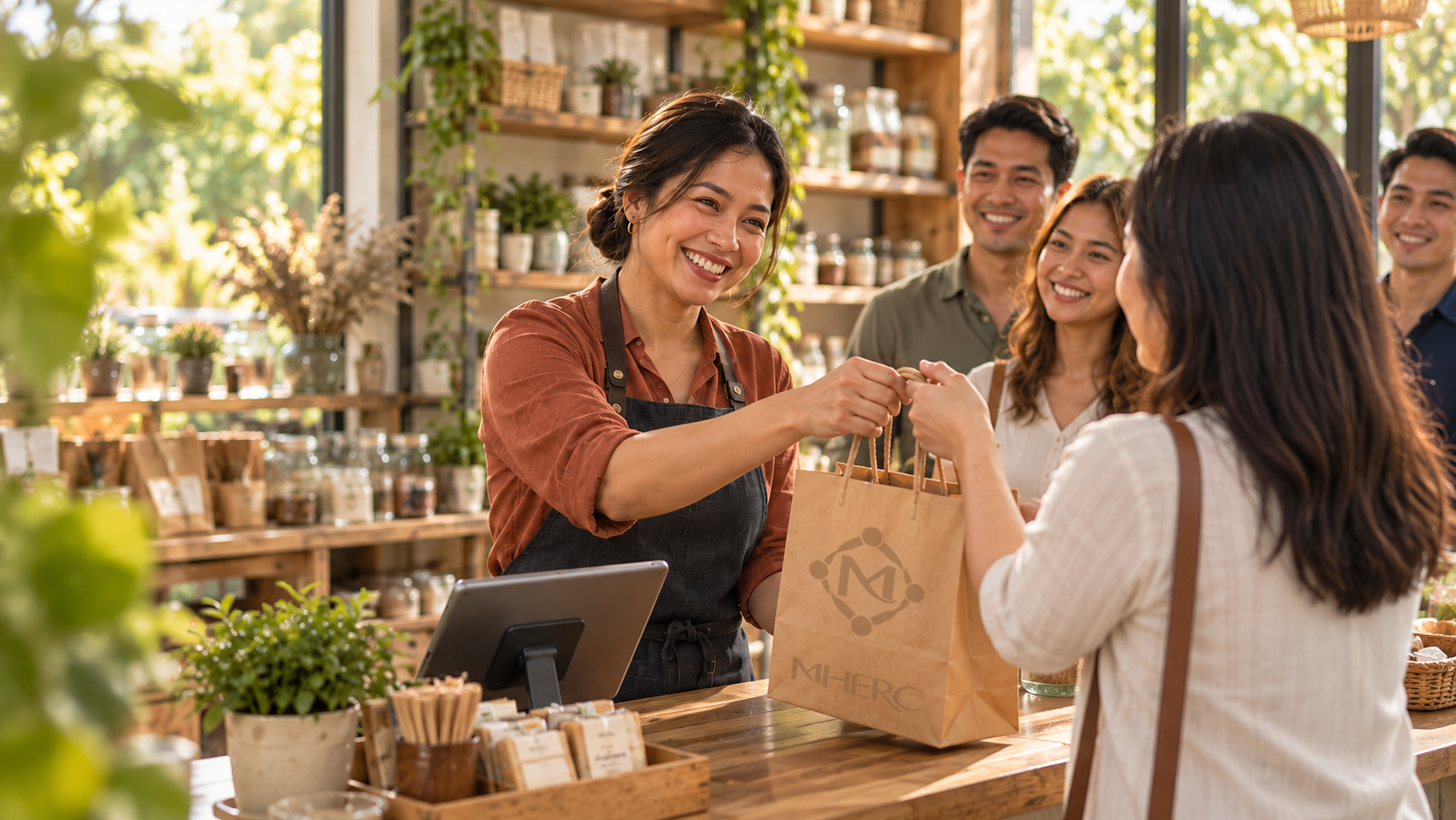 A merchant welcoming customers at a busy shop.